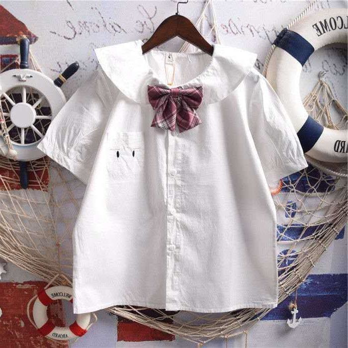 White Bunny Ears Collar Kawaii Shirt With Bow - One Size - 