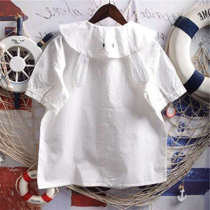 White Bunny Ears Collar Kawaii Shirt With Bow - One Size - 