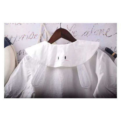 White Bunny Ears Collar Kawaii Shirt With Bow - One Size - 