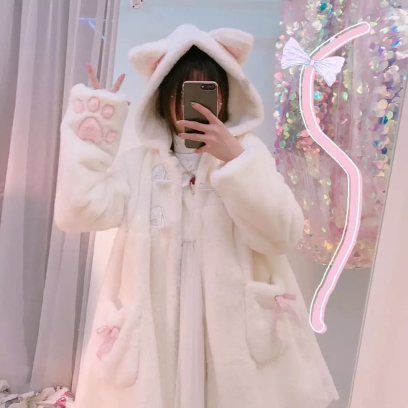 White Cat Ear Thick Plush Hoodie Coat MK12645 - KawaiiMoriStore