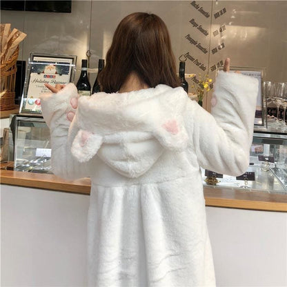 White Cat Ear Thick Plush Hoodie Coat MK12645 - KawaiiMoriStore