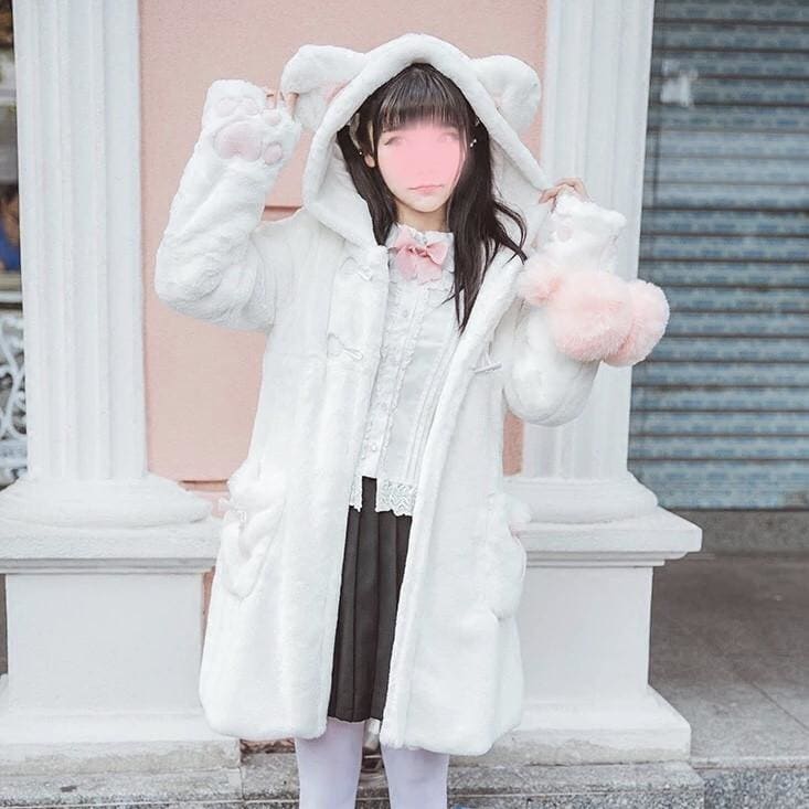 White Cat Ear Thick Plush Hoodie Coat MK12645 - KawaiiMoriStore