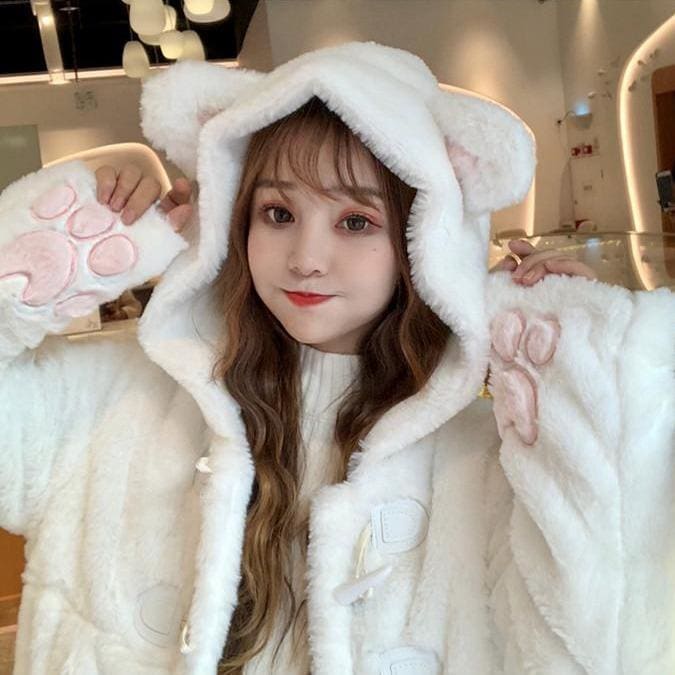 White Cat Ear Thick Plush Hoodie Coat MK12645 - KawaiiMoriStore