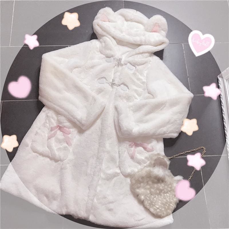 White Cat Ear Thick Plush Hoodie Coat MK12645 - KawaiiMoriStore