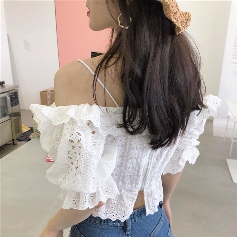 White Floral Crop Top Bandages Shirts MK15633 - KawaiiMoriStore