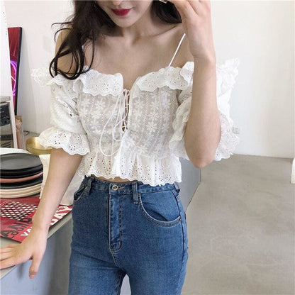 White Floral Crop Top Bandages Shirts MK15633 - KawaiiMoriStore