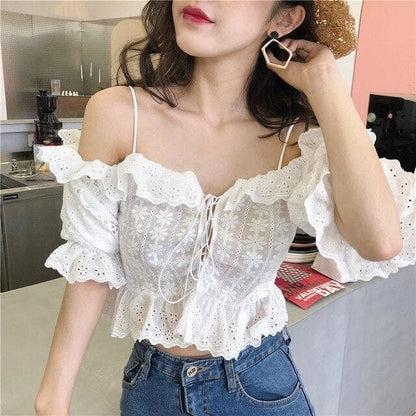 White Floral Crop Top Bandages Shirts MK15633 - KawaiiMoriStore