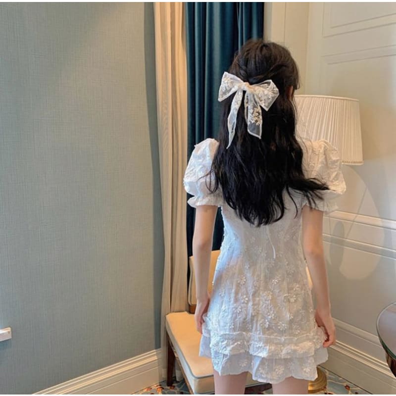White Flower Design Square Collar Dress MK15654 - KawaiiMoriStore