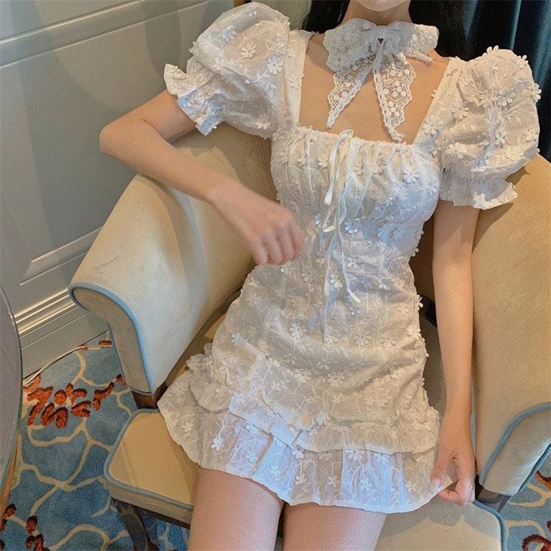 White Flower Design Square Collar Dress MK15654 - KawaiiMoriStore