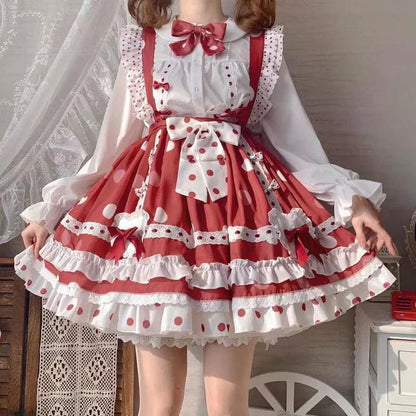 White Shirt Bow Tie with Red Dot Sweet Lolita SK Dress MK15902 - KawaiiMoriStore