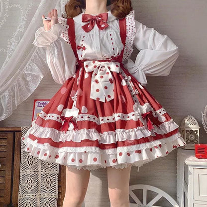 White Shirt Bow Tie with Red Dot Sweet Lolita SK Dress MK15902 - KawaiiMoriStore