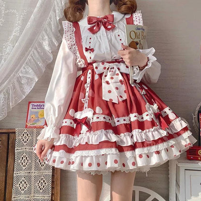 White Shirt Bow Tie with Red Dot Sweet Lolita SK Dress MK15902 - KawaiiMoriStore