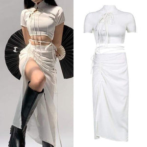 White Slim Bandage Hollow Out Dress Set MM1718 - Top & Skirt
