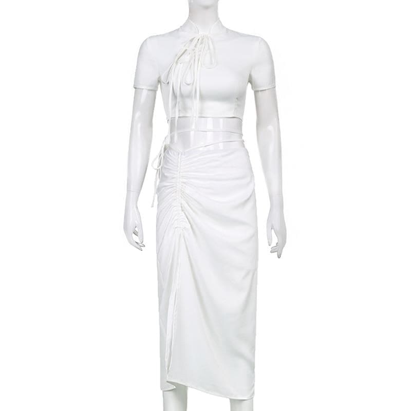 White Slim Bandage Hollow Out Dress Set MM1718 - Top & Skirt