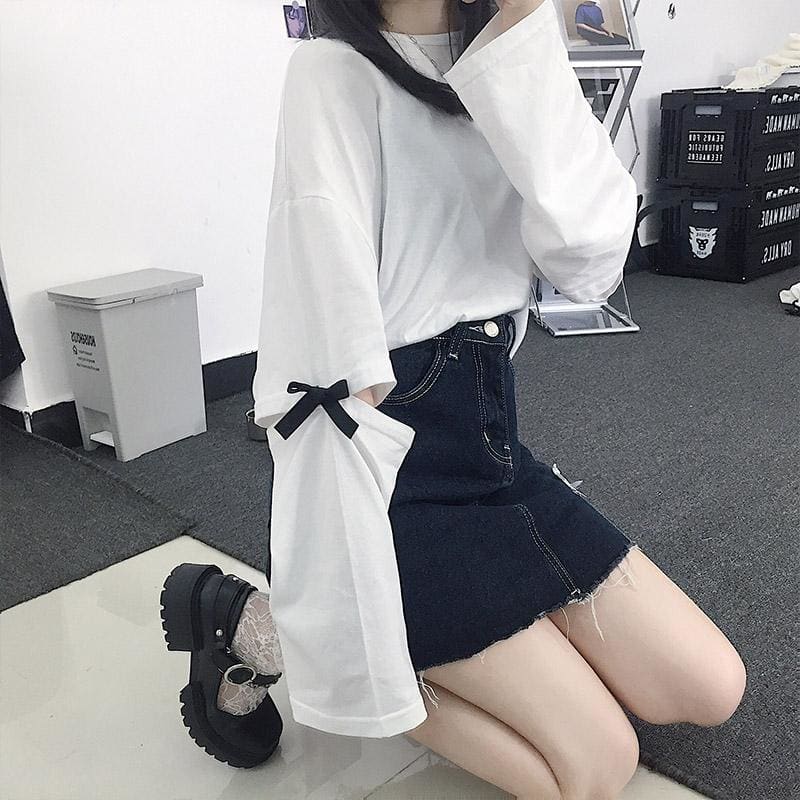 White/Black Casual Removable Sleeve Bow Tie Oversize Sweatshirt MK16076 - KawaiiMoriStore