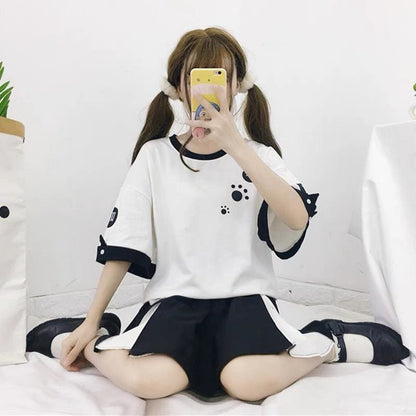 White/Black Cute Cat Paw T-shirt MK15977 - KawaiiMoriStore