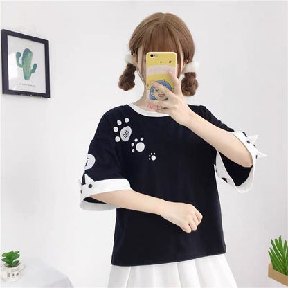 White/Black Cute Cat Paw T-shirt MK15977 - KawaiiMoriStore