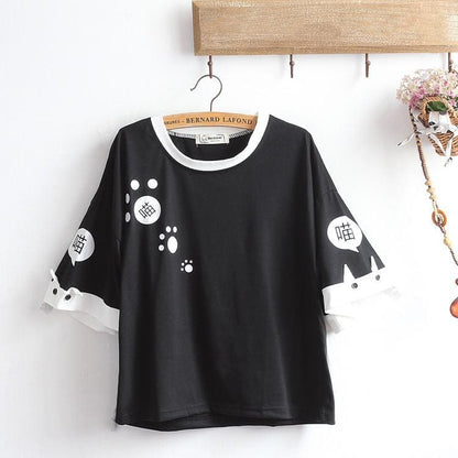 White/Black Cute Cat Paw T-shirt MK15977 - KawaiiMoriStore