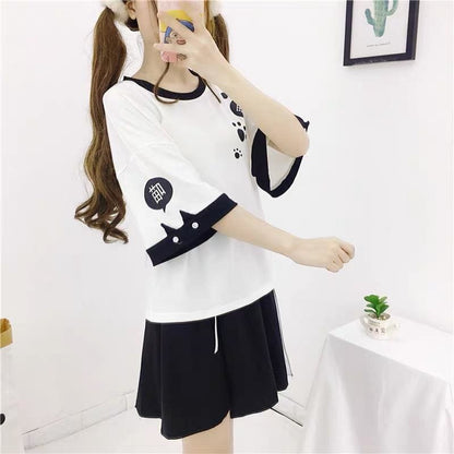 White/Black Cute Cat Paw T-shirt MK15977 - KawaiiMoriStore