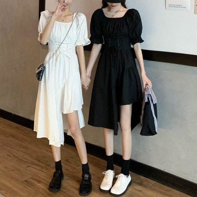 White/Black Puff Short Sleeves Irregular Long Dress MK16006 - KawaiiMoriStore