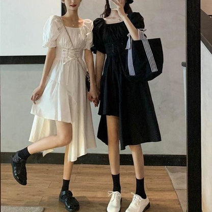 White/Black Puff Short Sleeves Irregular Long Dress MK16006 - KawaiiMoriStore