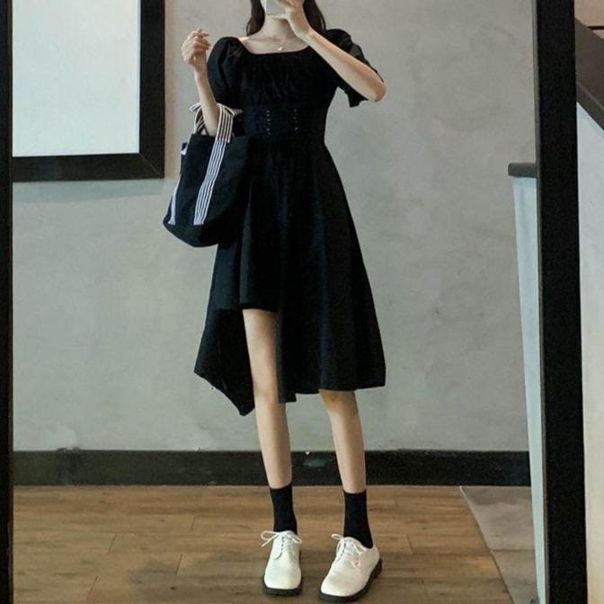 White/Black Puff Short Sleeves Irregular Long Dress MK16006 - KawaiiMoriStore