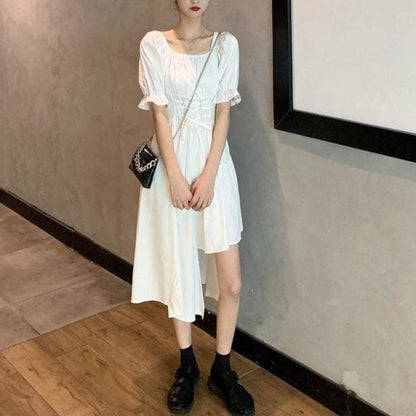 White/Black Puff Short Sleeves Irregular Long Dress MK16006 - KawaiiMoriStore