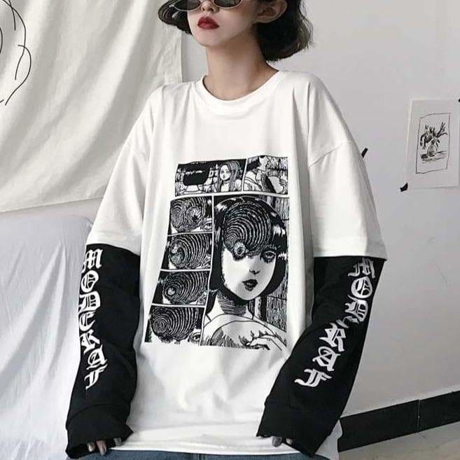 White/Black/Gray Fujiang Horror Comics Long Sleeve Shirt 