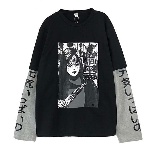 White/Black/Gray Fujiang Horror Comics Long Sleeve Shirt 