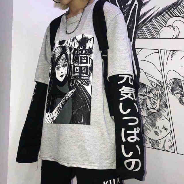 White/Black/Gray Fujiang Horror Comics Long Sleeve Shirt 