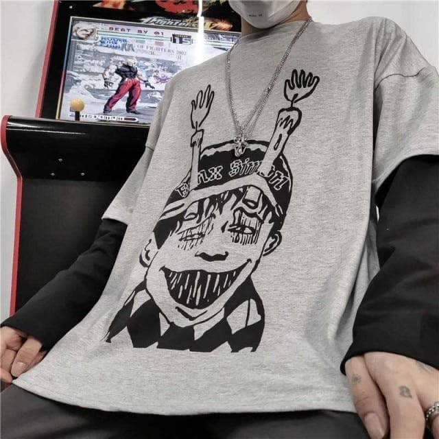 White/Black/Gray Fujiang Horror Comics Long Sleeve Shirt 