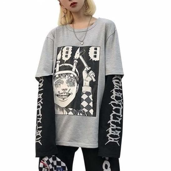 White/Black/Gray Fujiang Horror Comics Long Sleeve Shirt 