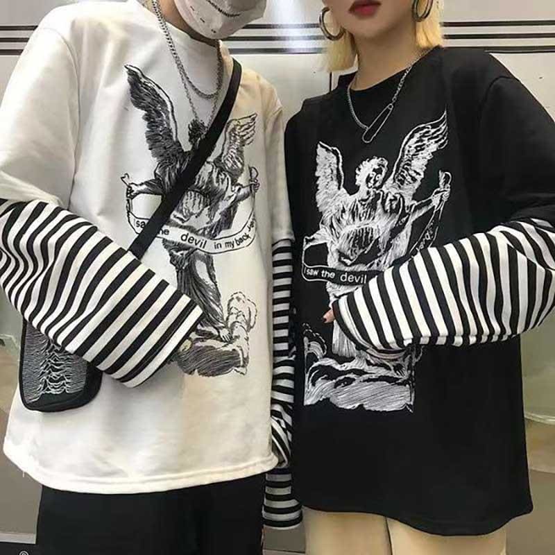 White/Black/Gray Fujiang Horror Comics Long Sleeve Shirt 