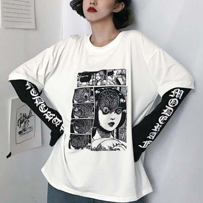 White/Black/Gray Fujiang Horror Comics Long Sleeve Shirt 