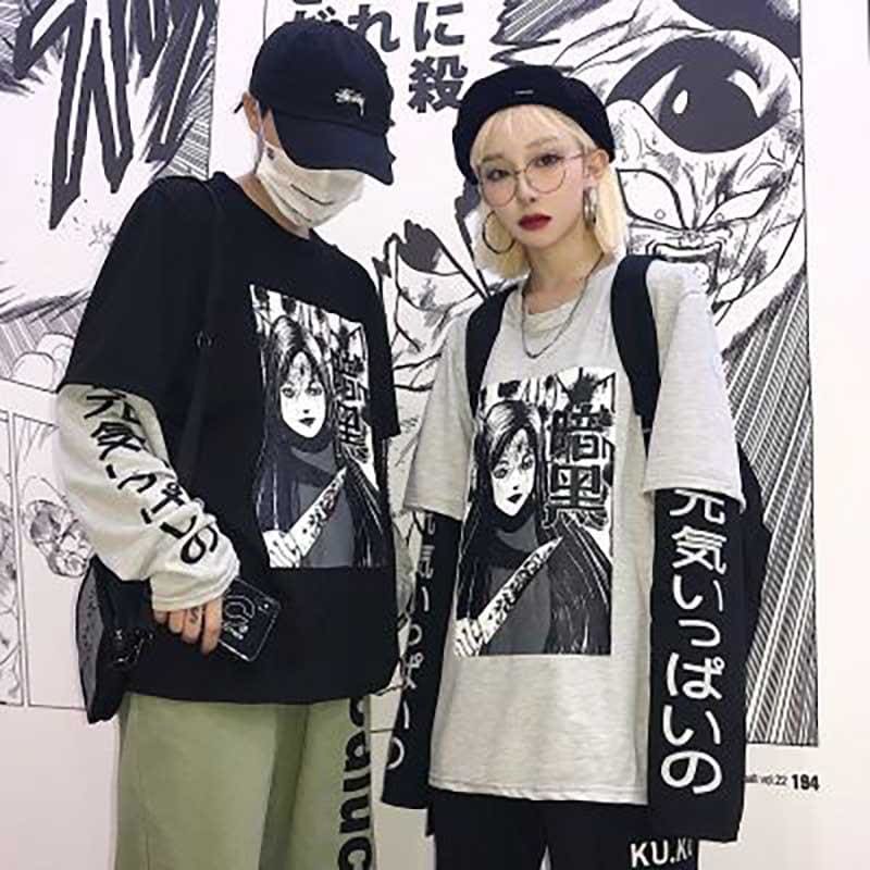 White/Black/Gray Fujiang Horror Comics Long Sleeve Shirt 