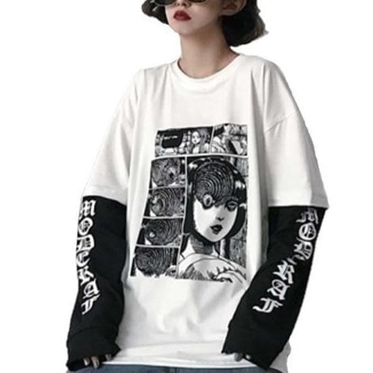 White/Black/Gray Fujiang Horror Comics Long Sleeve Shirt 