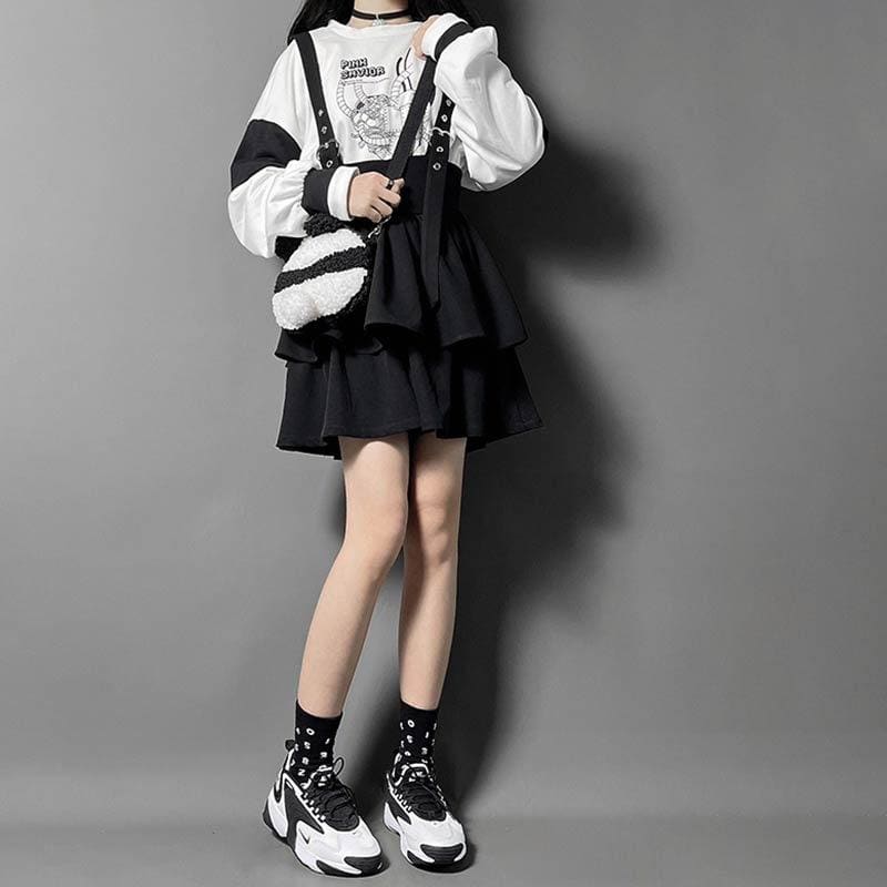 White/Pink "Pink Savior" Harajuku Outfit Sweatshirt Two Piece Overalls Skirt MM1222 - KawaiiMoriStore