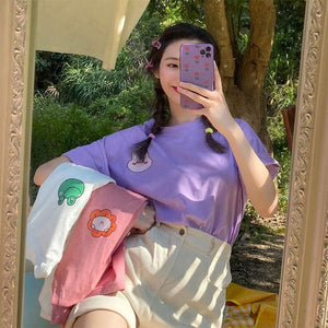 White/Purple/Pink Frog Flower Rabbit Print T-Shirt MK15955 - KawaiiMoriStore
