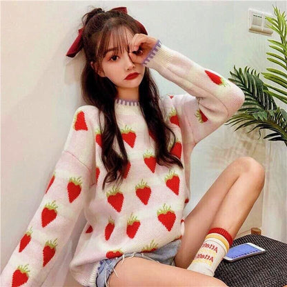 Winter Strawberry Kawaii Aesthetic Sweater - One Size