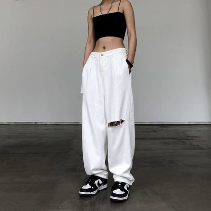 Y2K Baggy Streetwear White High Waist Pants - pants