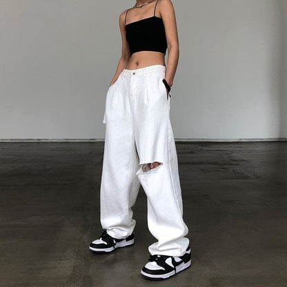 Y2K Baggy Streetwear White High Waist Pants - pants