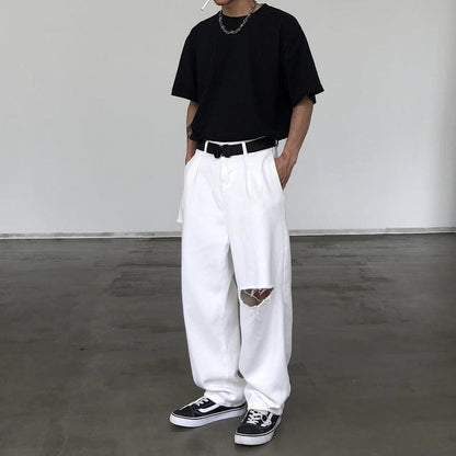 Y2K Baggy Streetwear White High Waist Pants - pants