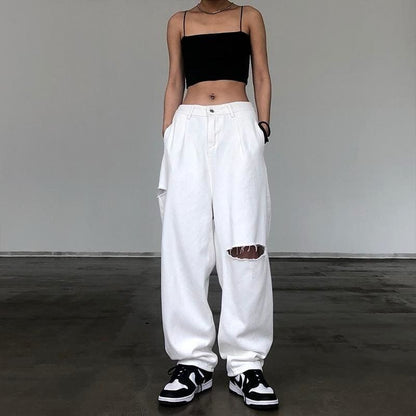 Y2K Baggy Streetwear White High Waist Pants - pants