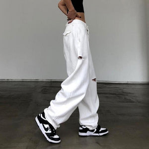 Y2K Baggy Streetwear White High Waist Pants - pants