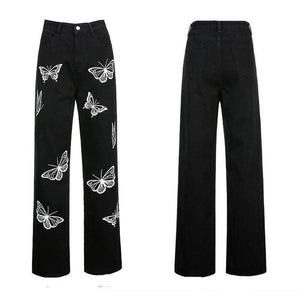 Y2K Butterfly Print Black Jeans - jeans