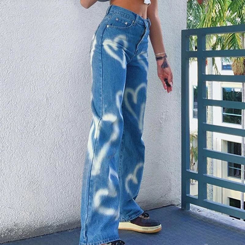 Y2k E-Girl Chic Heart Print Jeans - jeans