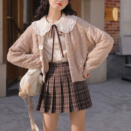 Y2K Preppy Style Blouse+Mini High Waist Pleated Plaid Skirt Set SP17206 - Harajuku Kawaii Fashion Anime Clothes Fashion Store - SpreePicky