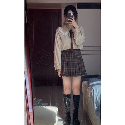 Y2K Preppy Style Blouse+Mini High Waist Pleated Plaid Skirt Set SP17206 - Harajuku Kawaii Fashion Anime Clothes Fashion Store - SpreePicky