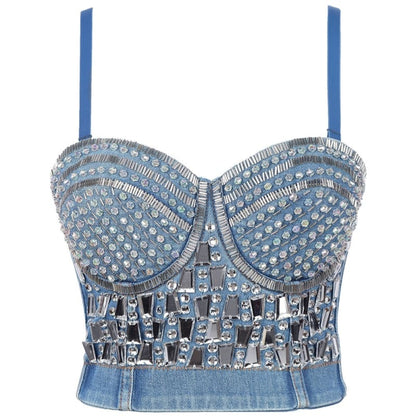 Y2K Rhinestone Diamond Sequin Tank Top - B-Blue / EU 34 -