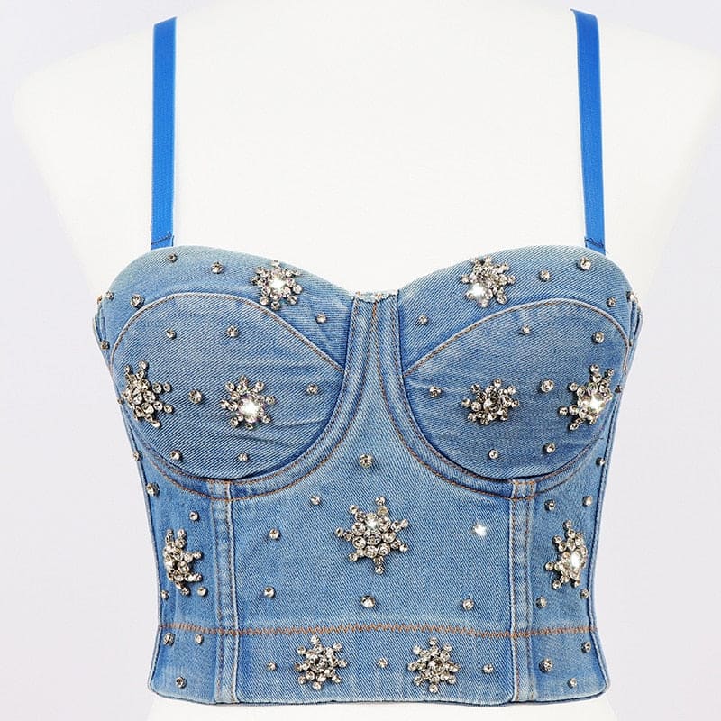 Y2K Rhinestone Diamond Sequin Tank Top - D-Blue / EU 34 -